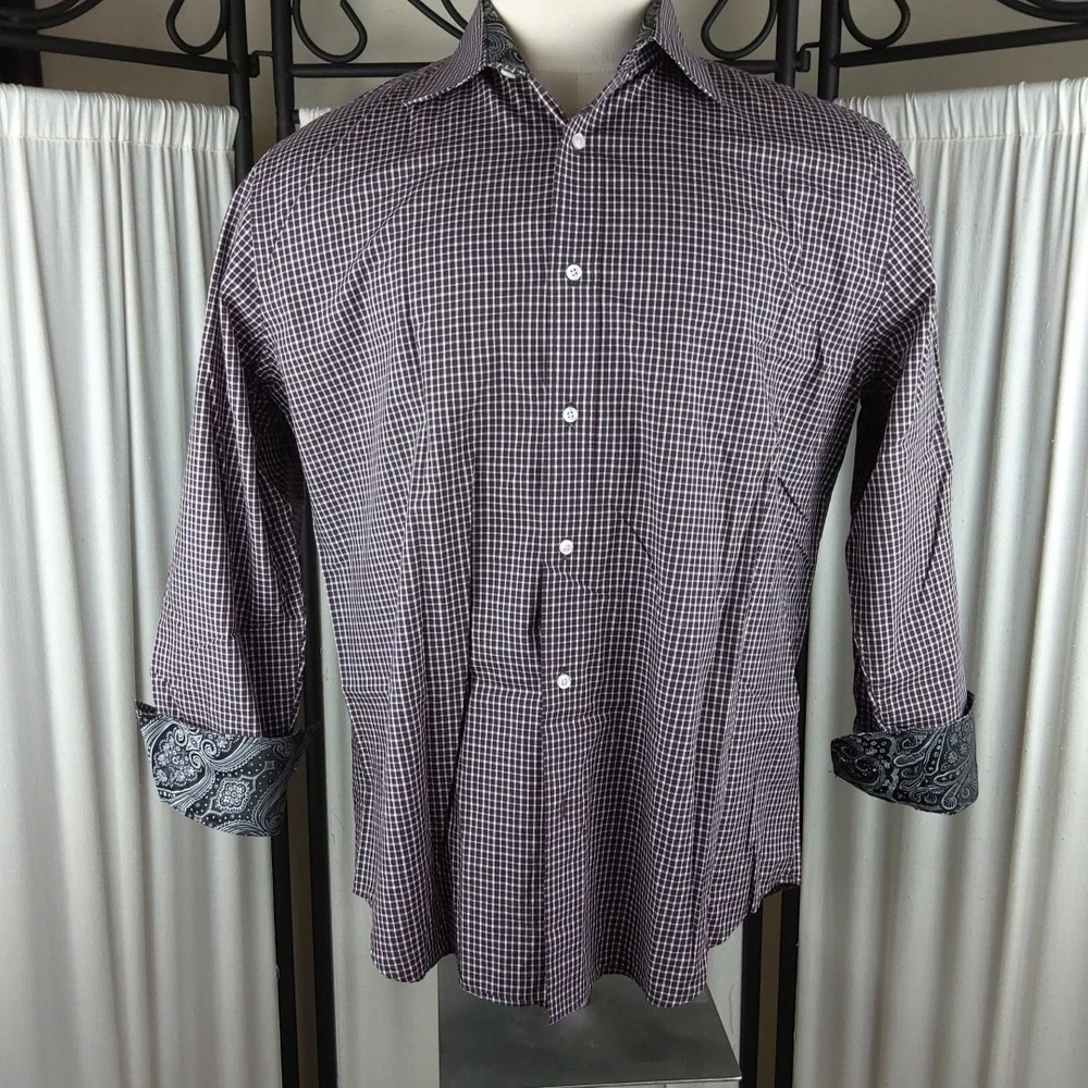 Bristol &‎ Bull Long Sleeve Button Down 100% Cotton Shirt, Purple/White, Size L